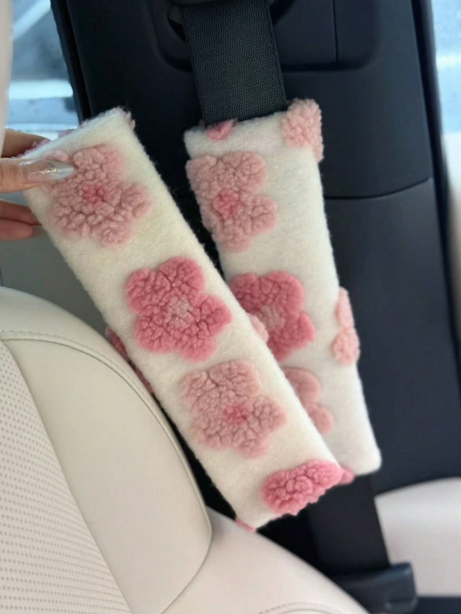Lambswool Floral Seat Belt Cover Set