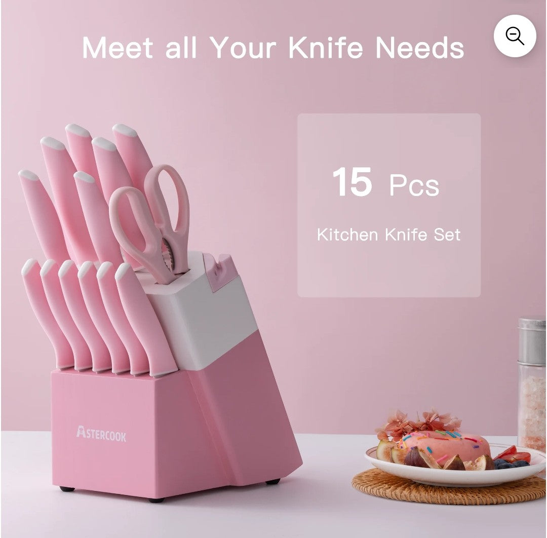 14 Piece Pink Kitchen Knife Set
