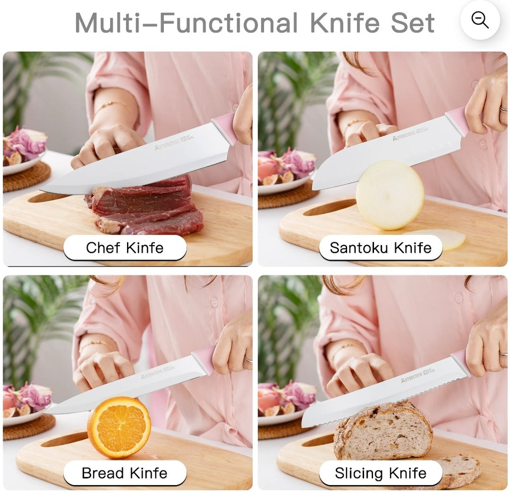 14 Piece Pink Kitchen Knife Set